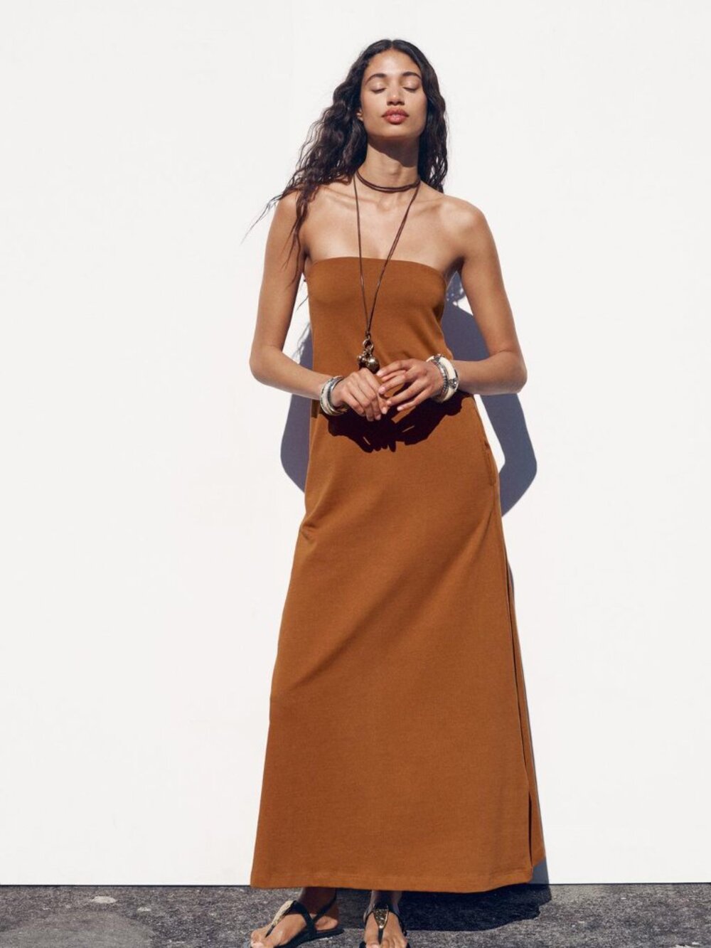 Zara Heavy Cotton Strapless Maxi Dress Burnt Orange Organic Cotton Medium NWT